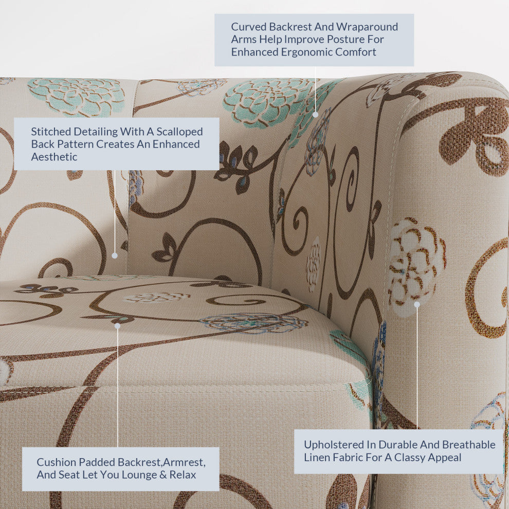 Modern Club Chair Barrel Design, Flower Print