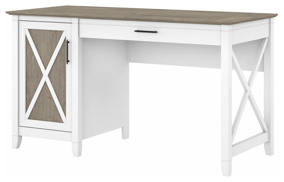 Farmhouse Desk, Large Drawer & X-Shaped Accented Door, Shiplap Gray/Pure White