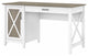 Farmhouse Desk, Large Drawer & X-Shaped Accented Door, Shiplap Gray/Pure White