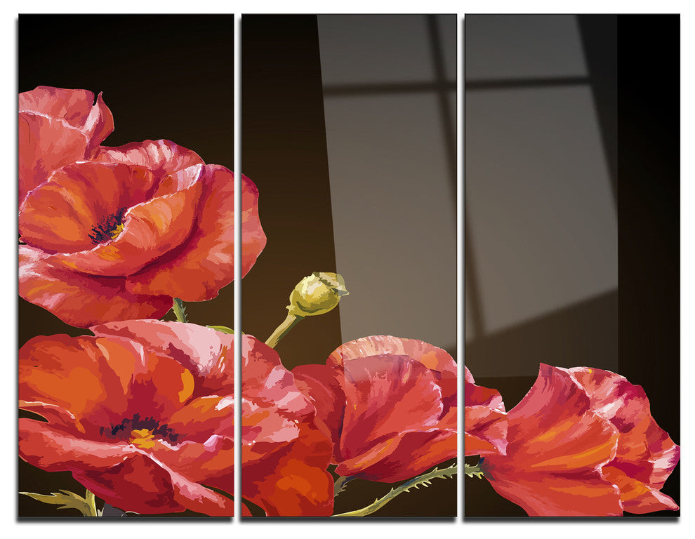"Poppy Flowers Vector Art" Glossy Metal Wall Art, 3 Panels, 36"x28"