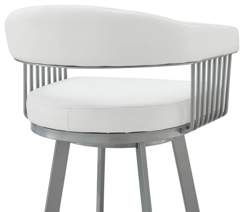Chelsea 26" Swivel Bar Stool in Silver Finish and White Faux Leather