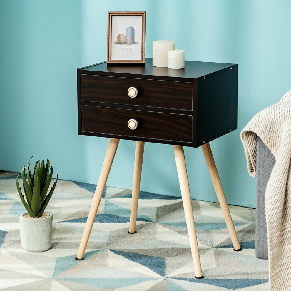 Mid Century Modern 2 Drawers Nightstand Sofa Side Table End Table Espresso