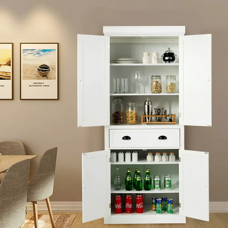 Classic Pantry Cabinet, 2 Large Doors With Drawer & Adjustable Shelves, White