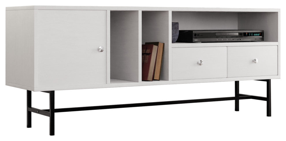 Rochester 2-Drawer 4-Shelf TV Stand Credenza with Iron Legs, White