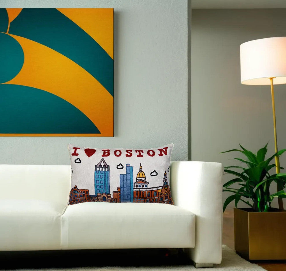 Lumbar Boston Decorative Pillow Cover Hand Embroidered Wool 14x24