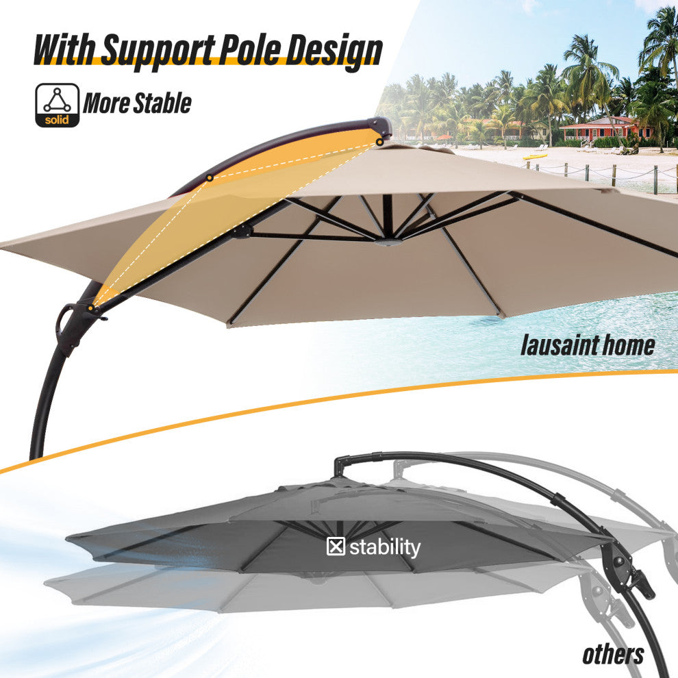12' Outdoor Patio Hanging Cantilever Curvy Umbrella With 360 Rotation