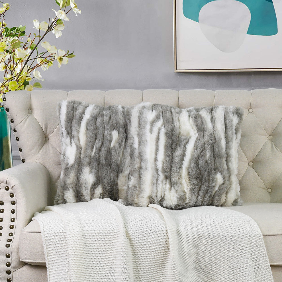 Jacquard Faux Fur Pillow Covers Set of 2, Grey, 26'' x 26''