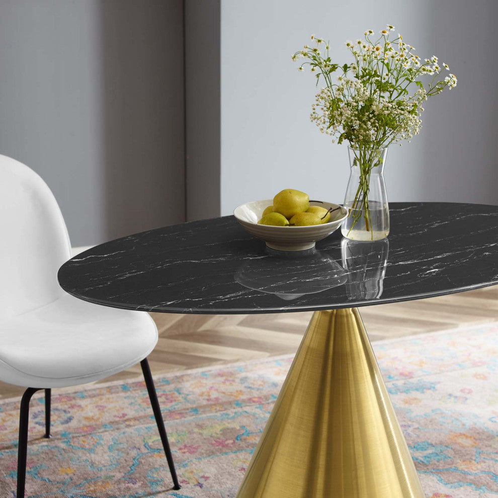 Dining Table, Oval, Artificial Marble, Metal, Gold Black, Cafe Bistro Restaurant