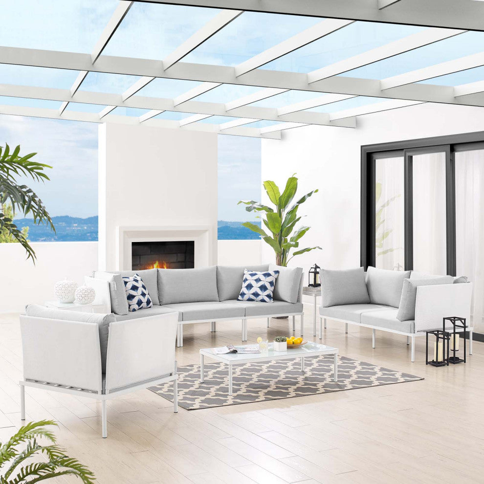 Sectional Sofa Chair Table Set, Sunbrella, Aluminum, White Gray, Outdoor
