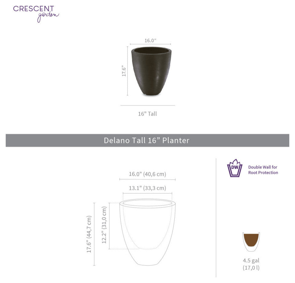 Delano Double Walled Tall Modern Indoor Outdoor Pot, Mocha