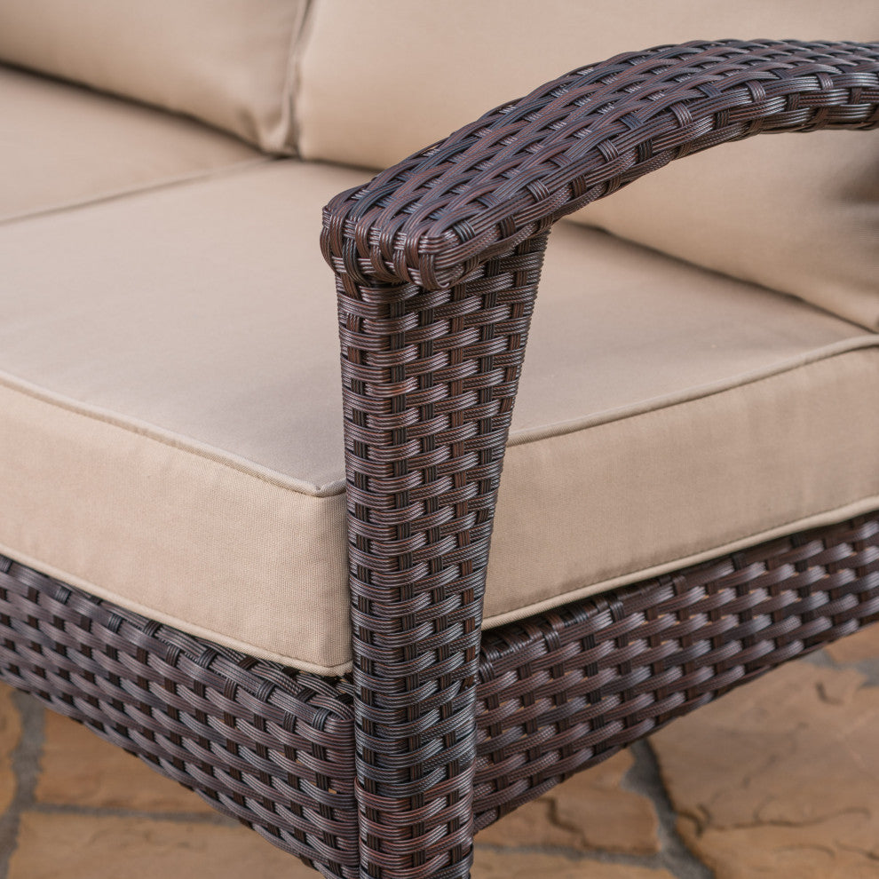 GDF Studio Hilary Outdoor Brown Wicker Loveseat With Water Resistant Cushions, Brown/Tan