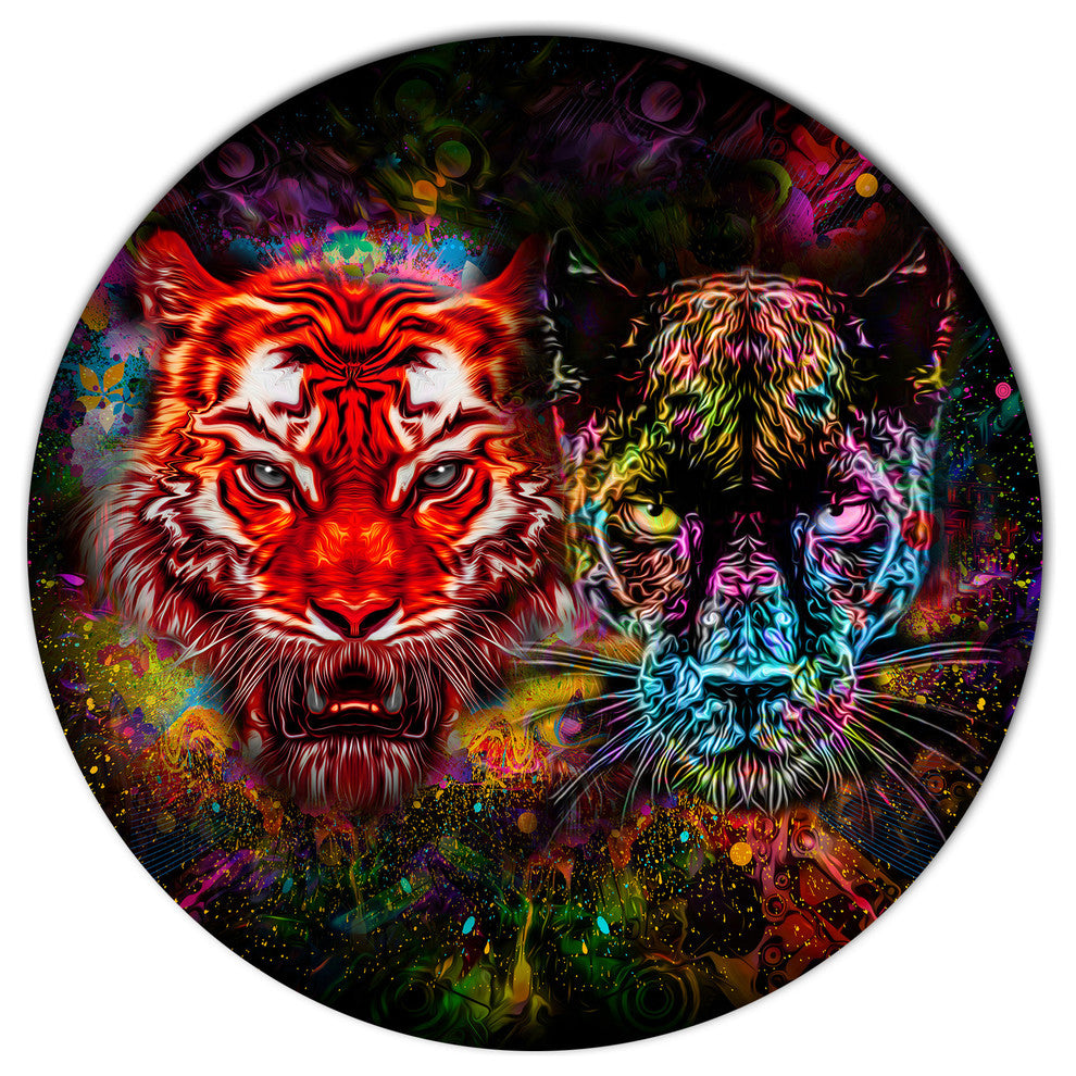 Tiger And Panther With Splashes, Animal Round Wall Art, 23"
