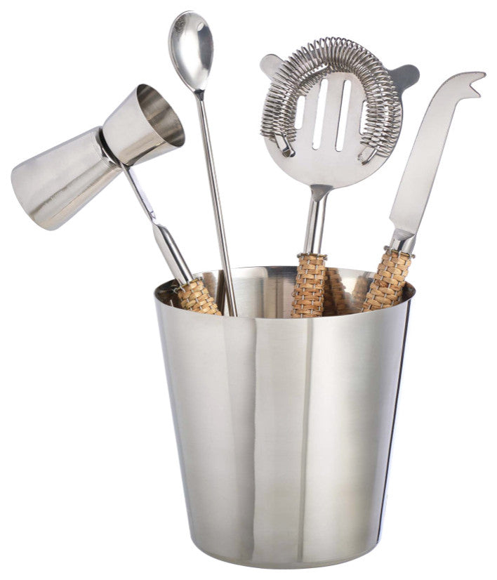Montauk Steel And Rattan Barware, Barware Set of 5