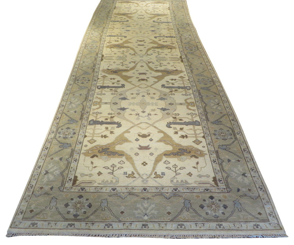 Hand-Knotted Ivory Runner Oushak Vegetable Dyes Oriental Rug, 6x18