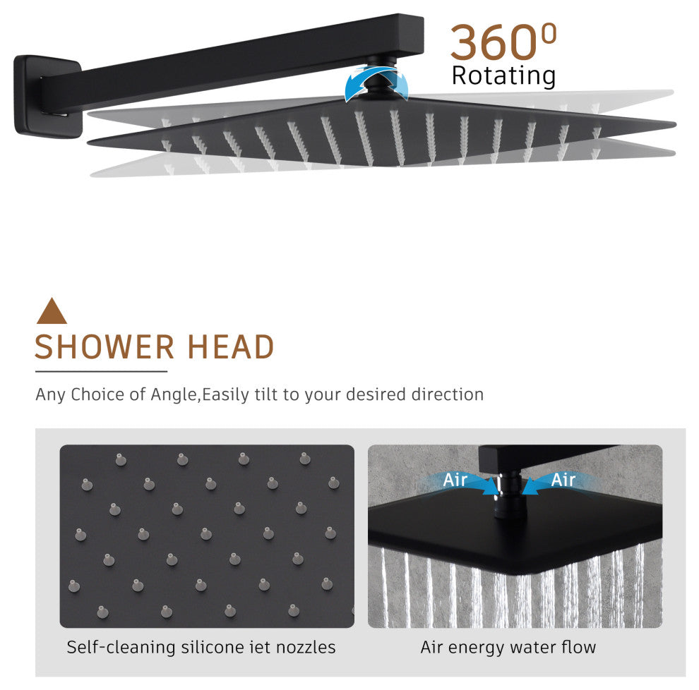 CASAINC 12" Wall Mounted 3 Way Thermostatic Luxury Shower System Set, Matte Black