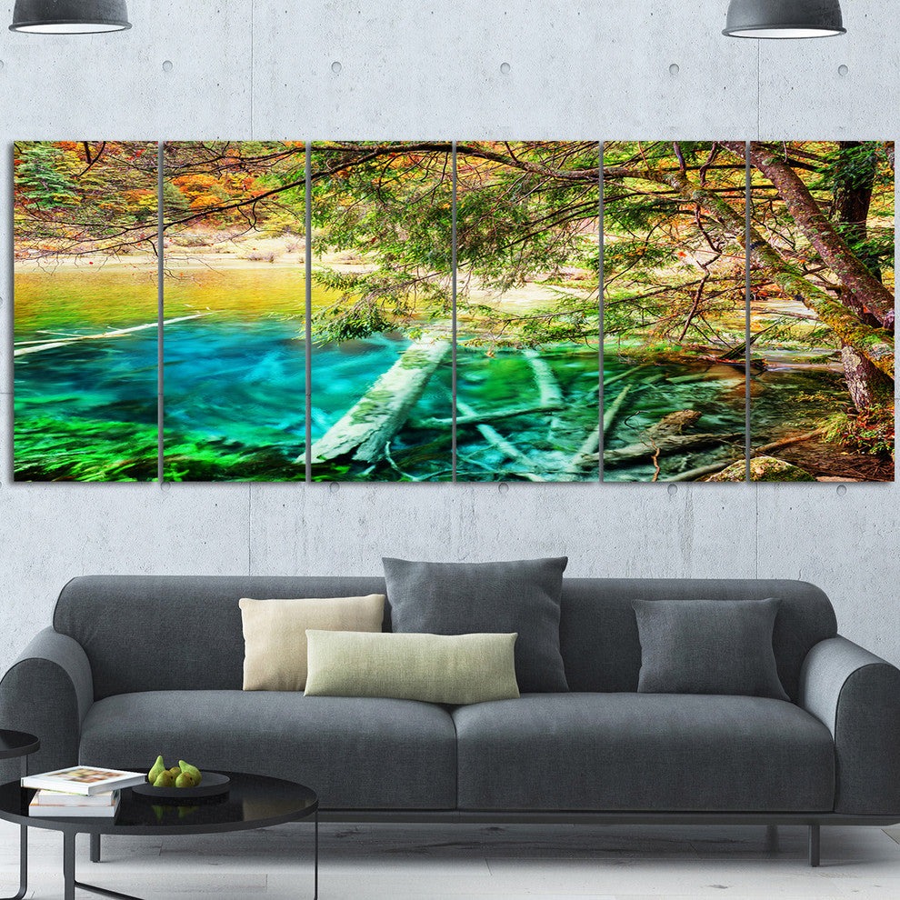 Colorful Lake with Tree Trunks, Landscape Canvas Wall Art, 70"x28", 6 Panels