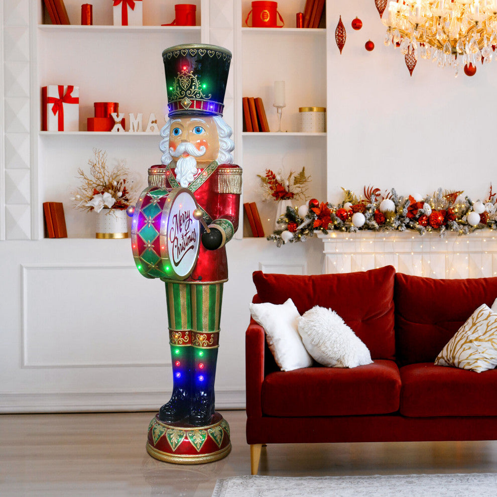 6' Nutcracker Playing Bass Drum With Moving Hands, Music, Timer, 32 LED Lights