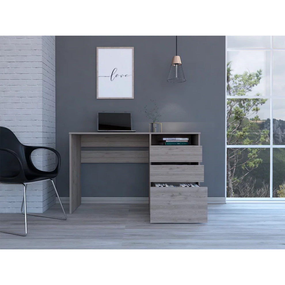 Modern Desk, Wooden Construction With Multiple Drawers & Open Shelf, Light Gray