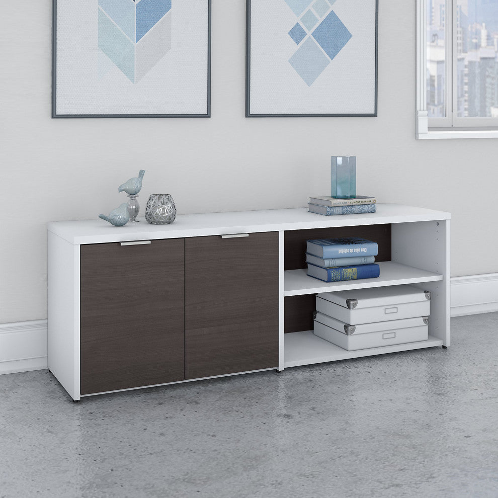 Jamestown Low Storage Cabinet With Doors and Shelves, White and Storm Gray