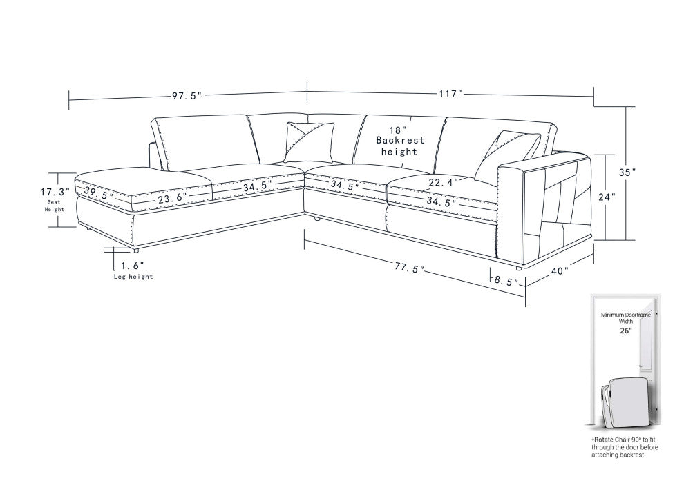 Skylar Genuine Italian Leather Modern Left Arm Facing Chaise Sectional, White