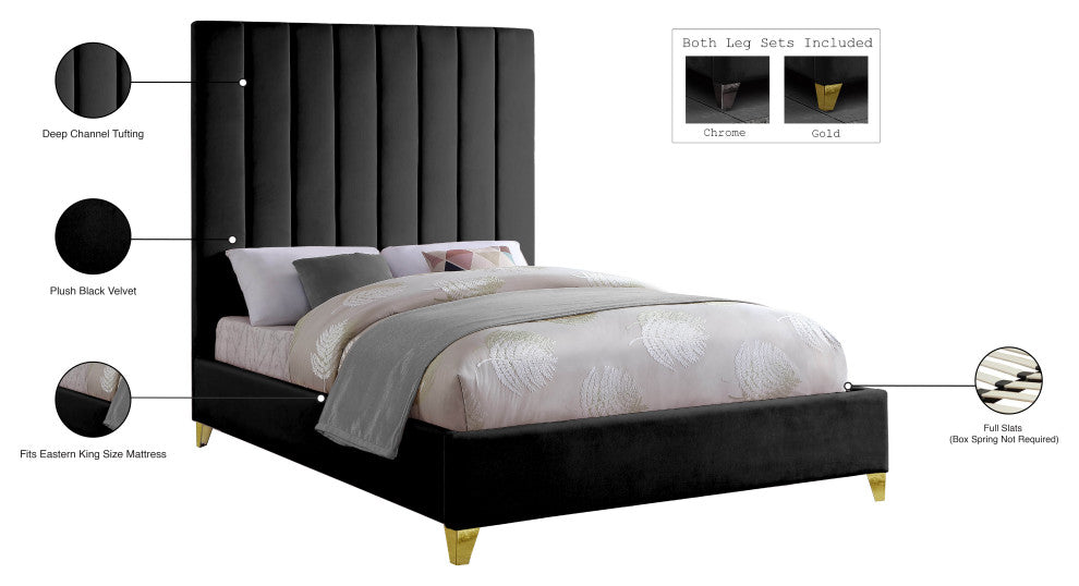 Via Velvet Upholstered Bed, Black, King