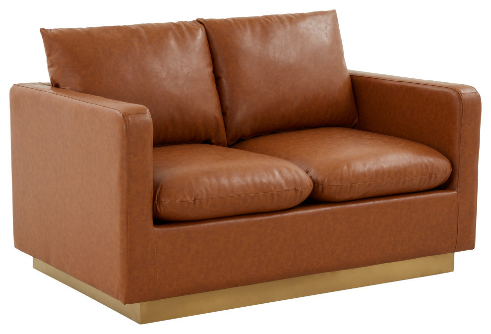LeisureMod Nervo Modern Leather Loveseat With Gold Base, Cognac Tan
