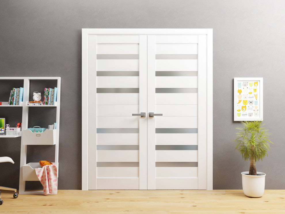 Interior French Double Doors Frosted Glass|Quadro 4266 White Silk -48x80