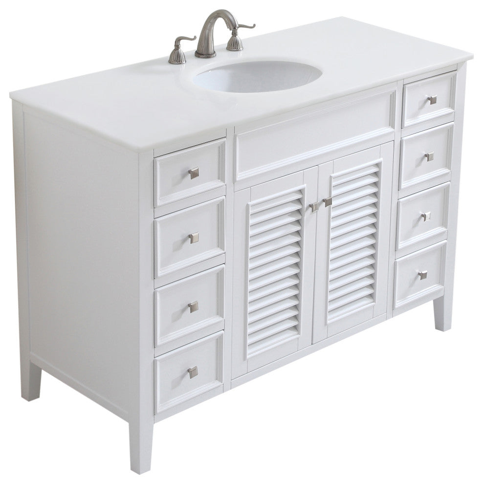 48" Single Bathroom Vanity, White With Ivory White Engineered Marble