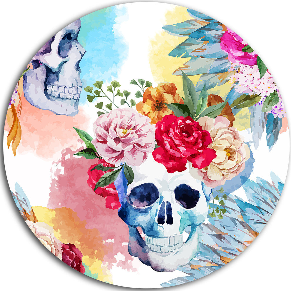Ethnic Skull With Flowers, Floral Round Wall Art, 11"
