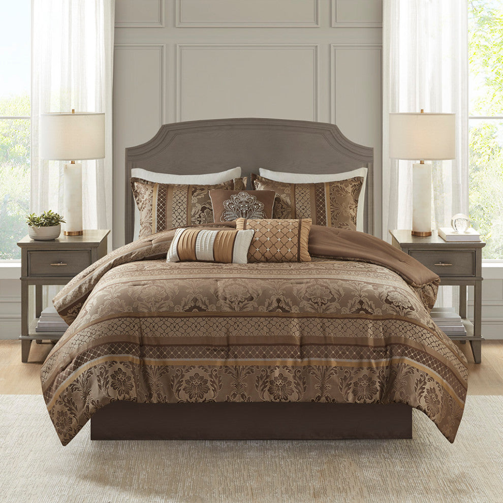 Madison Park Bellagio Classic Botanical 7-Piece Comforter Set, Gold/Brown, Cal K