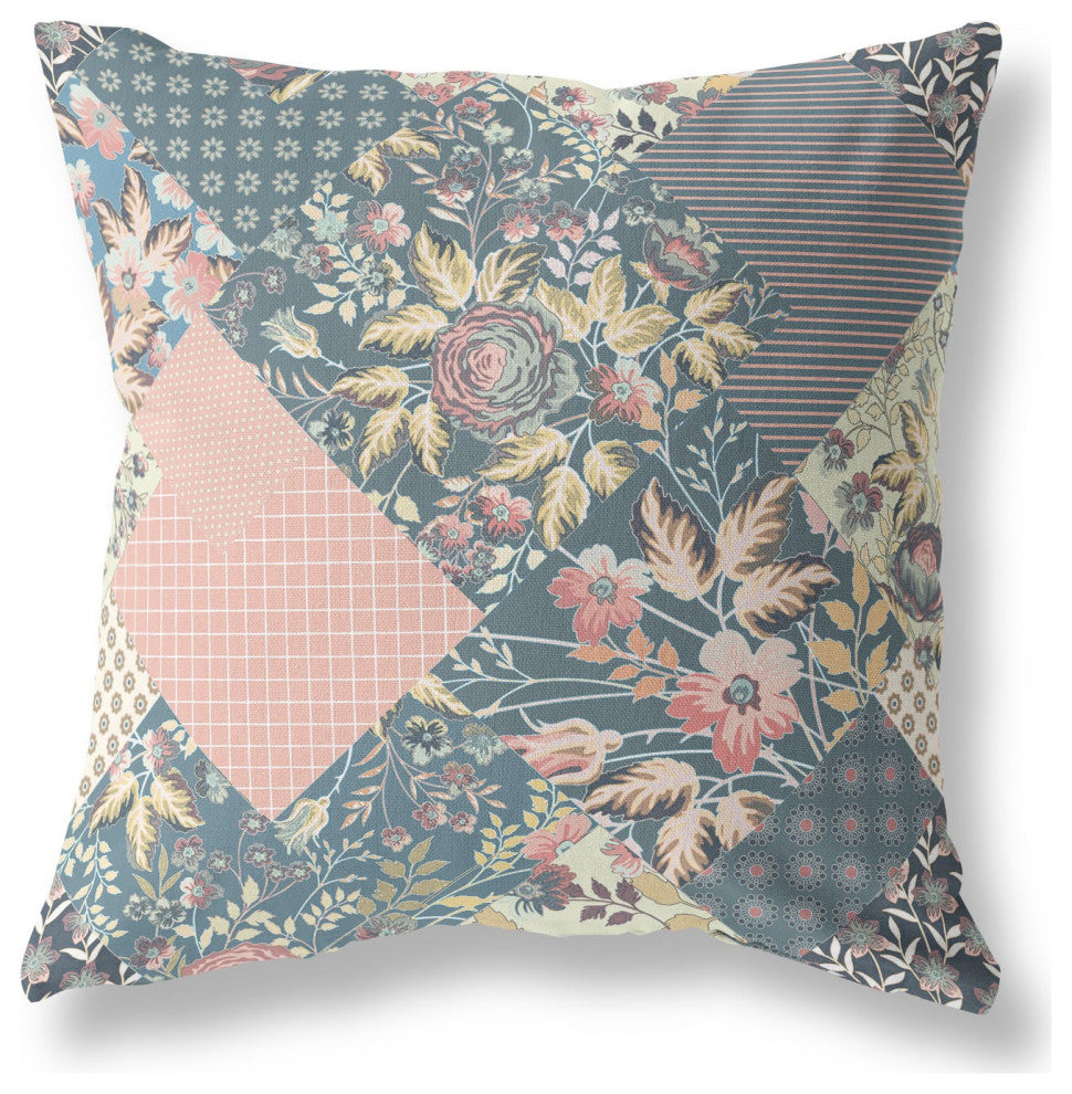 26" Green Peach Boho Floral Indoor Outdoor Throw Pillow