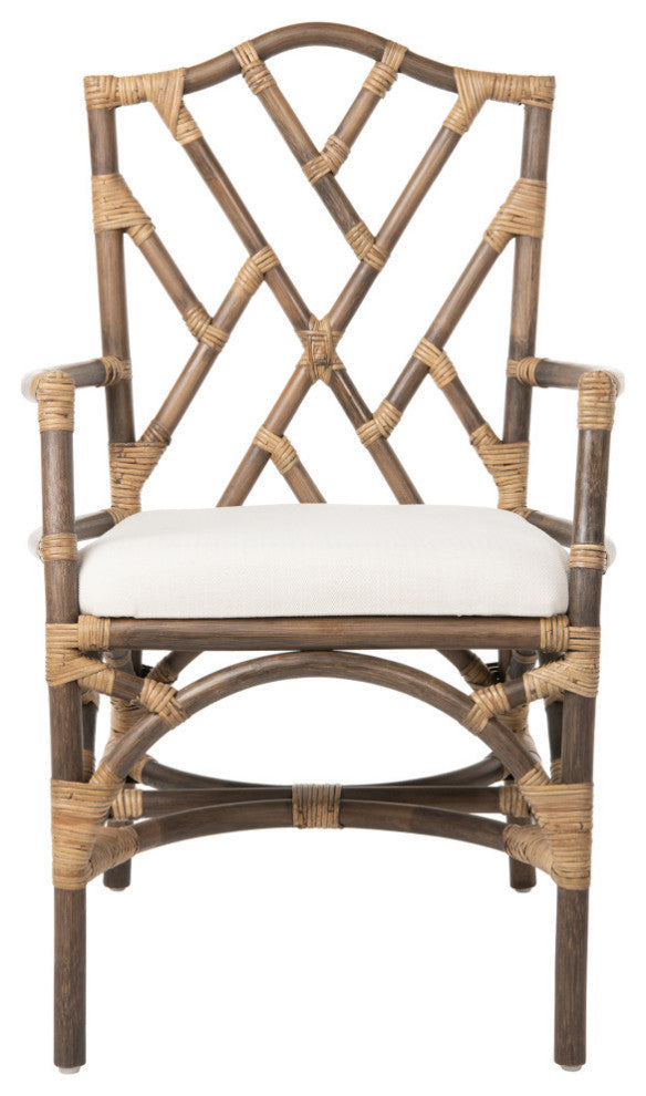 Rattan Chippendale Upholstered Dining Armchairs, Antique Brown, Set of 2