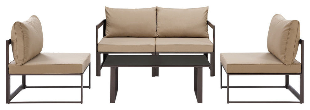 Modern Urban Contemporary Outdoor Patio Sectional Sofa, Mocha Fabric, Set of 5