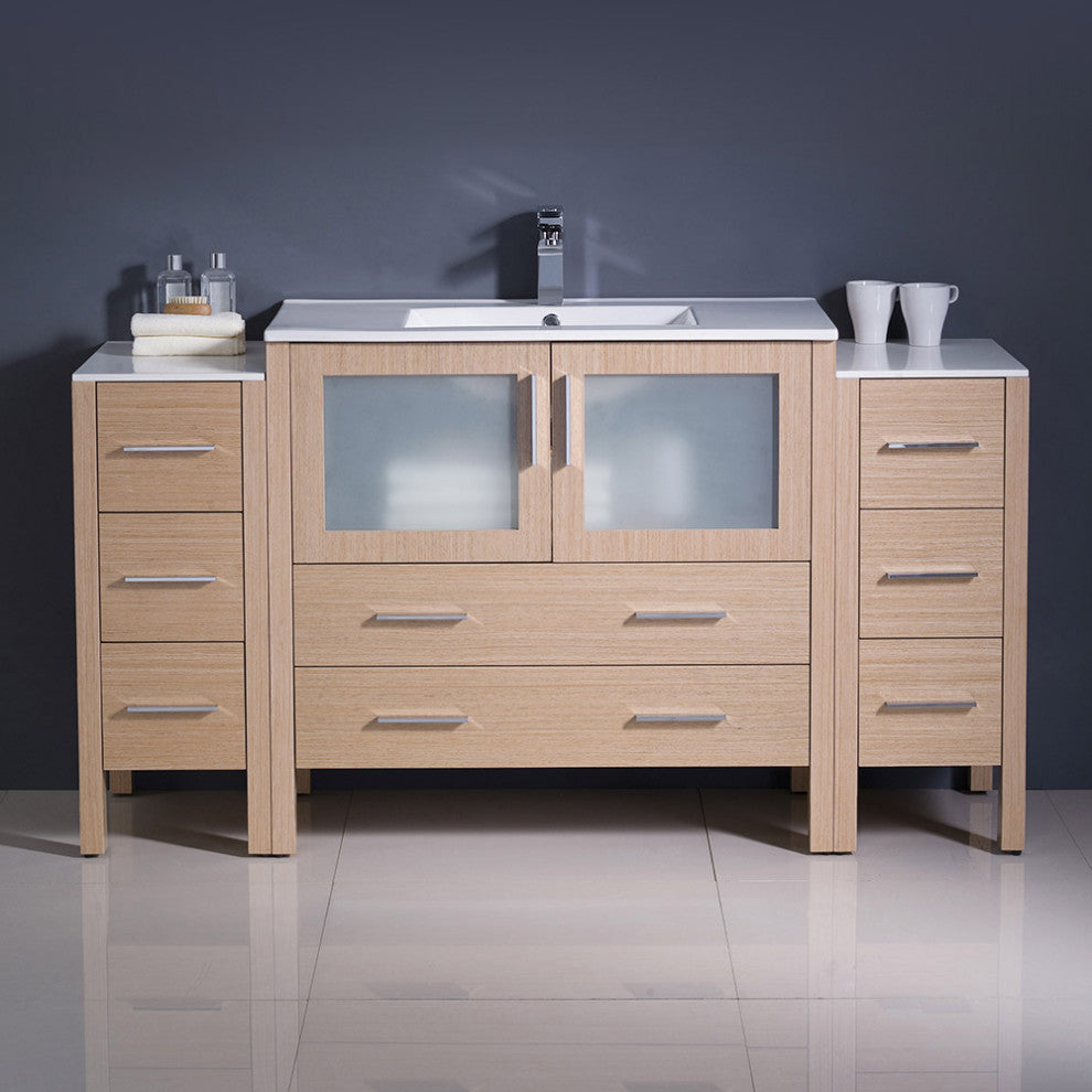 Torino 60" Bathroom Cabinet, White, With Top and Vessel Sink