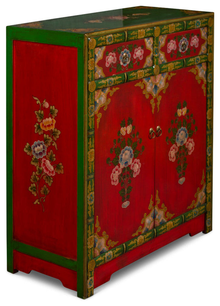 Hand Painted Red and Green Peony Motif Tibetan Chest