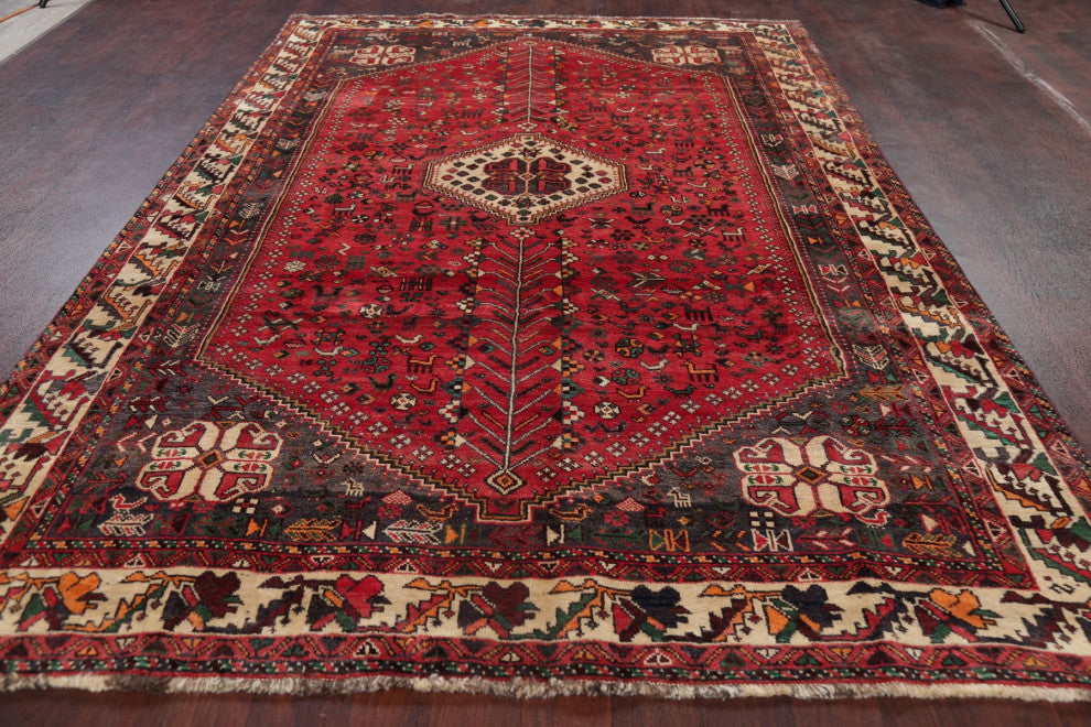 Consigned, Faded Vintage Traditional Handmade Persian Abrash Area Rug, Red, 7x10