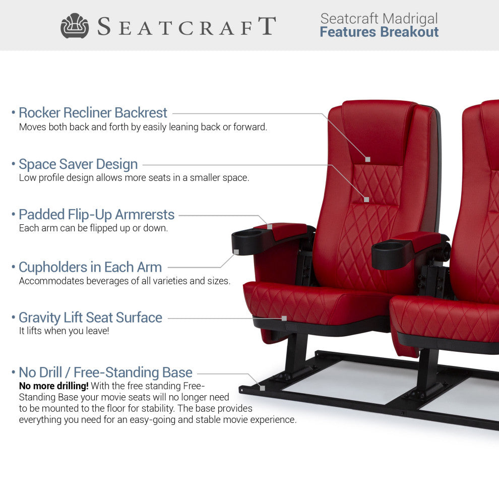 Seatcraft Madrigal Movie Theater Seating, Red, Row of 5
