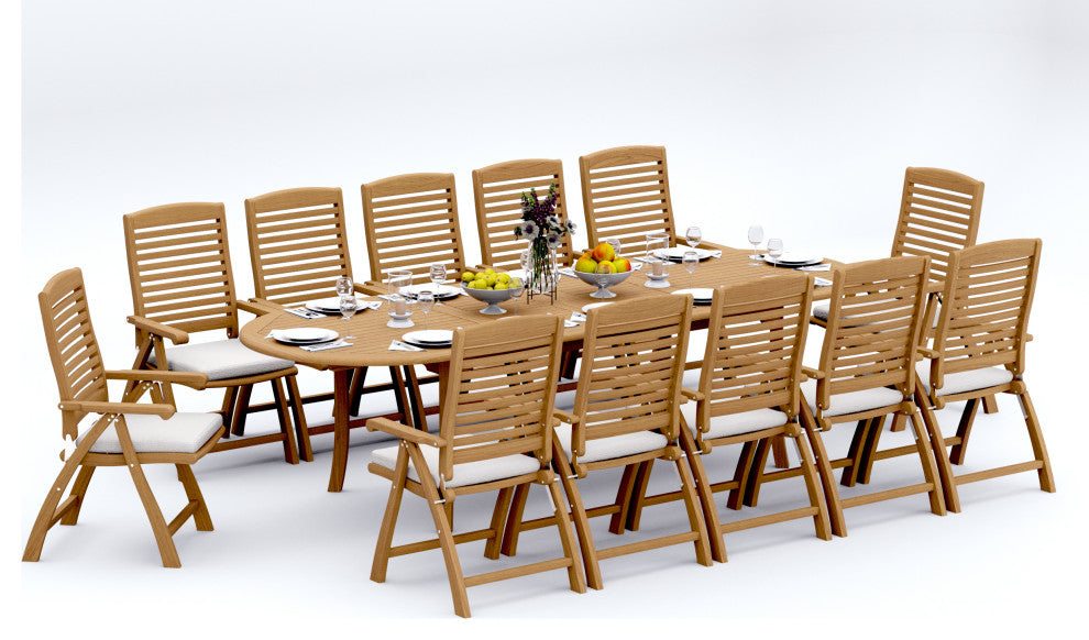 13-Piece Teak Dining Set, 117" Extension Oval Table, 12 Ashley Arm Chairs