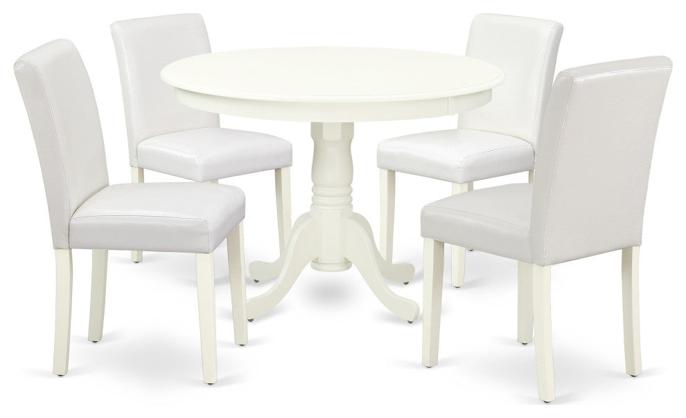 5Pc Round 42" Dinette Table, Four Parson Chair, Pu Leather Color White