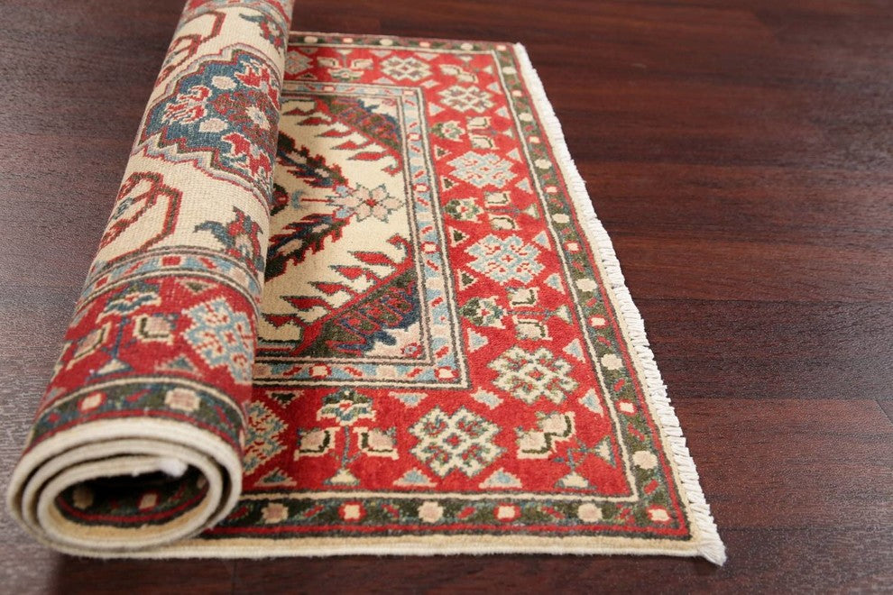 Pakistani Kazak Traditional Oriental Area Rug Hand-Knotted, Beige, 3'8"X2'8"