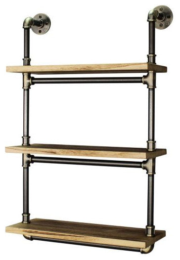Juneau 30" 3-Tier Wall Mounted Bookcase, Brushed Brass Gray Steel/Natural Wood
