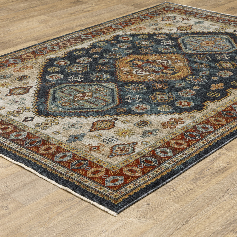 Augustus Medallion Blue/ Multi Indoor Area Rug, Blue, 6'7"x9'6"
