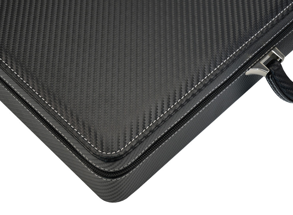 24 Slot Watch Briefcase, Black Carbon Fiber Zippered Travel Storage Case