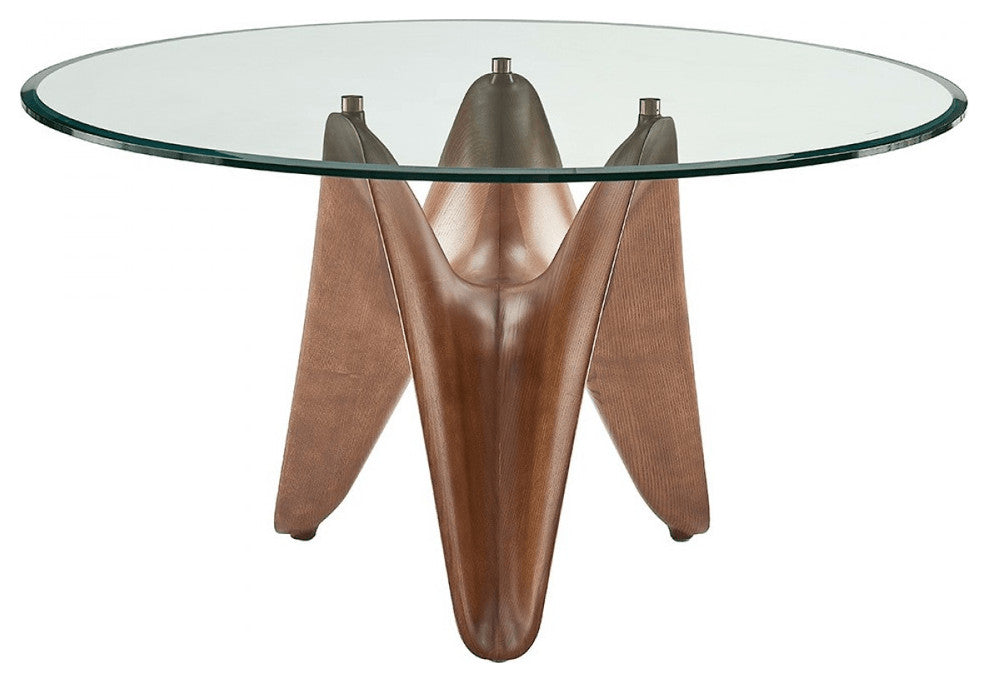 59" Clear And Walnut Rounded Glass And Solid Manufactured Wood Dining Table