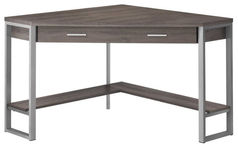Contemporary Corner Desk, Large Drawer & Lower Open Shelf, Dark Taupe/Silver