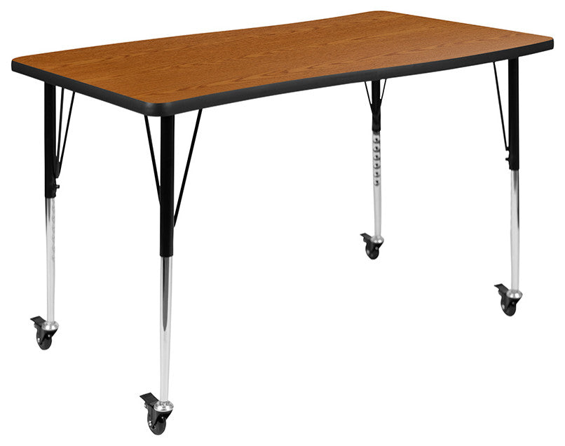 76" Oval Wave Flexible Laminate Activity Table Set, 18" Student Stack Chairs Oak