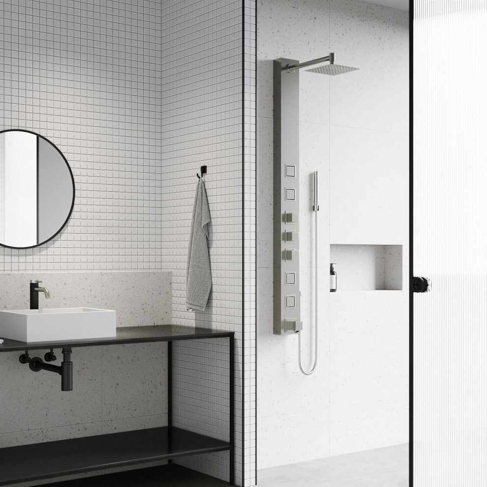 Bowery 58" H x 5" W 4-Jet Shower Panel with Square Shower Head and Tub Filler, Stainless