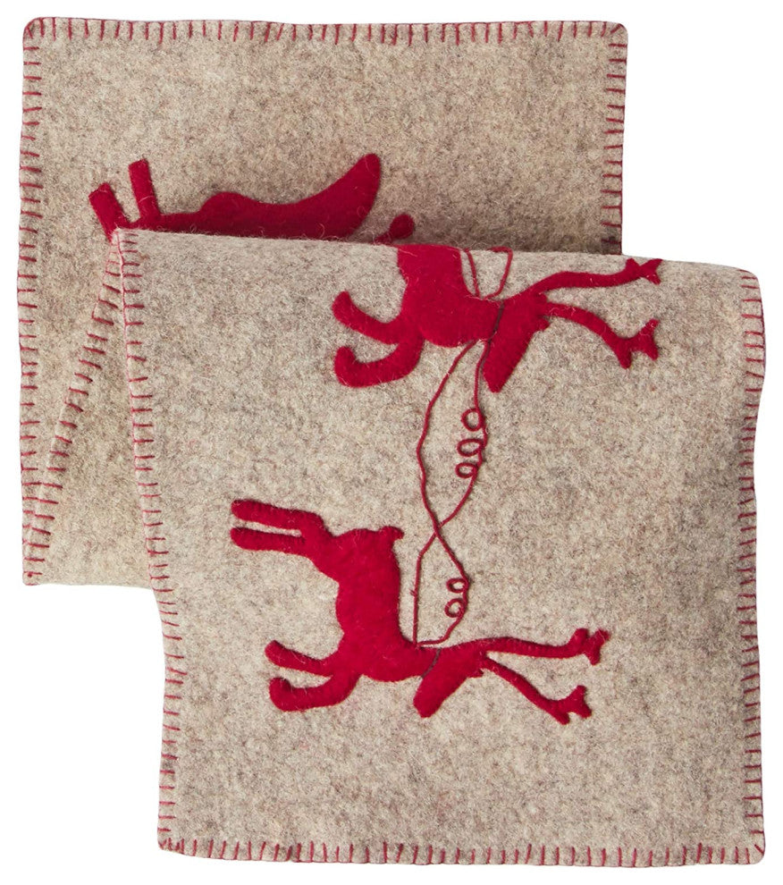 Handmade Gray Hand Felted Wool Table Runner with Reindeer and Sleigh, 16x44