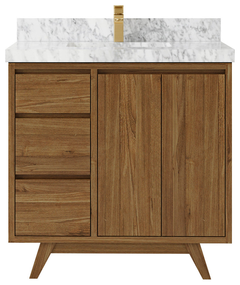 Madison Teak 36 Center Sink Bath Vanity in Dark Natural 2" Carrara Marble