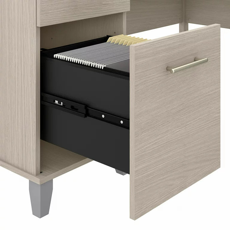 Transitional Desk, Corner Design With Cable Management & Drawers, Sand Oak